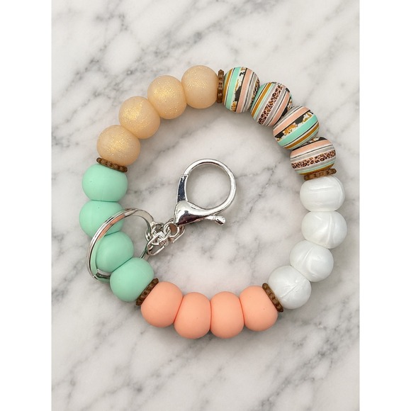 Handmade Accessories - Handmade Silicone Bead Wristlet Keychain Non Stretchy Boho Key Ring Mint Peach